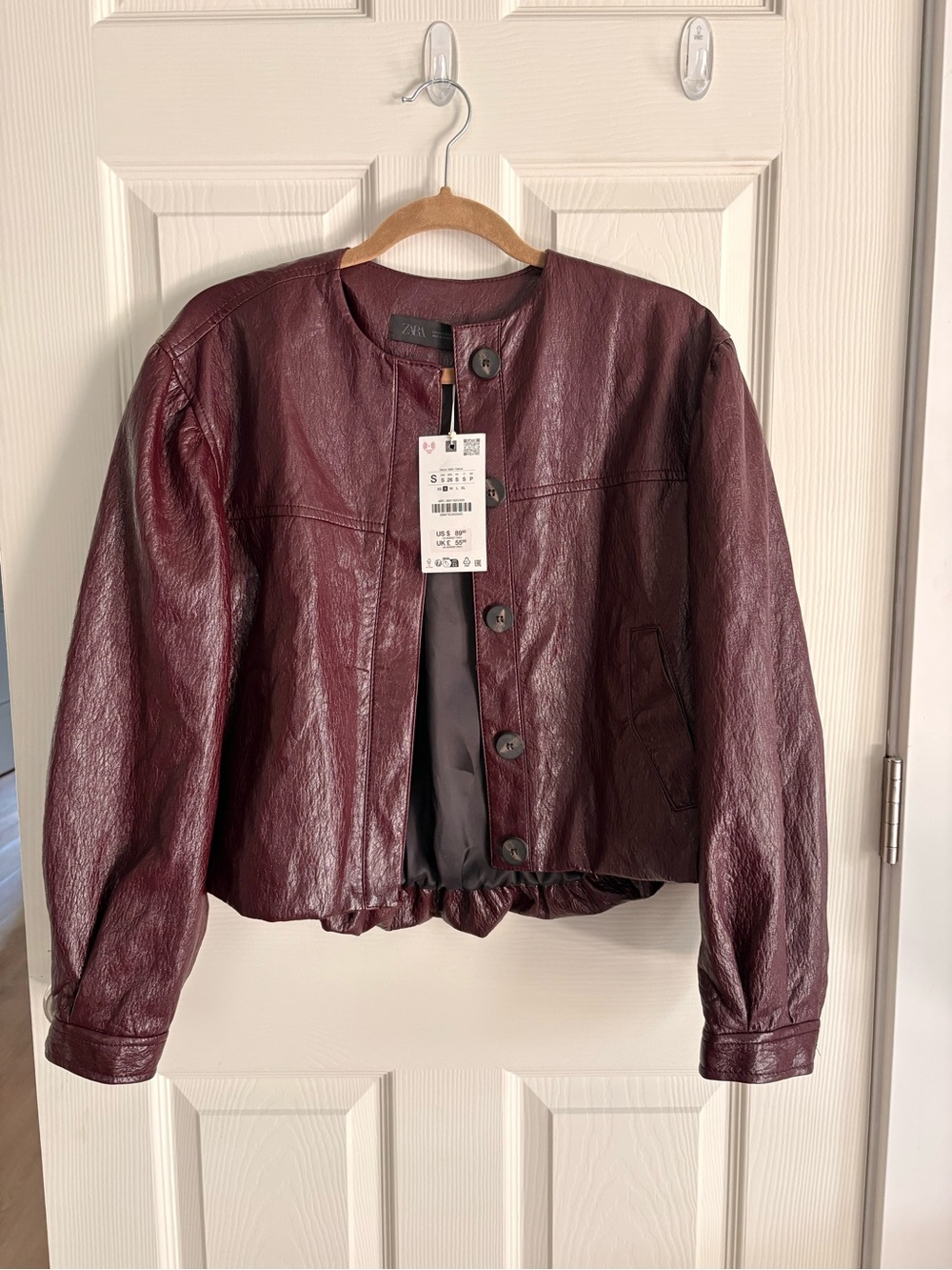 NWT Zara Burgundy Faux Leather Cropped Button Jacket